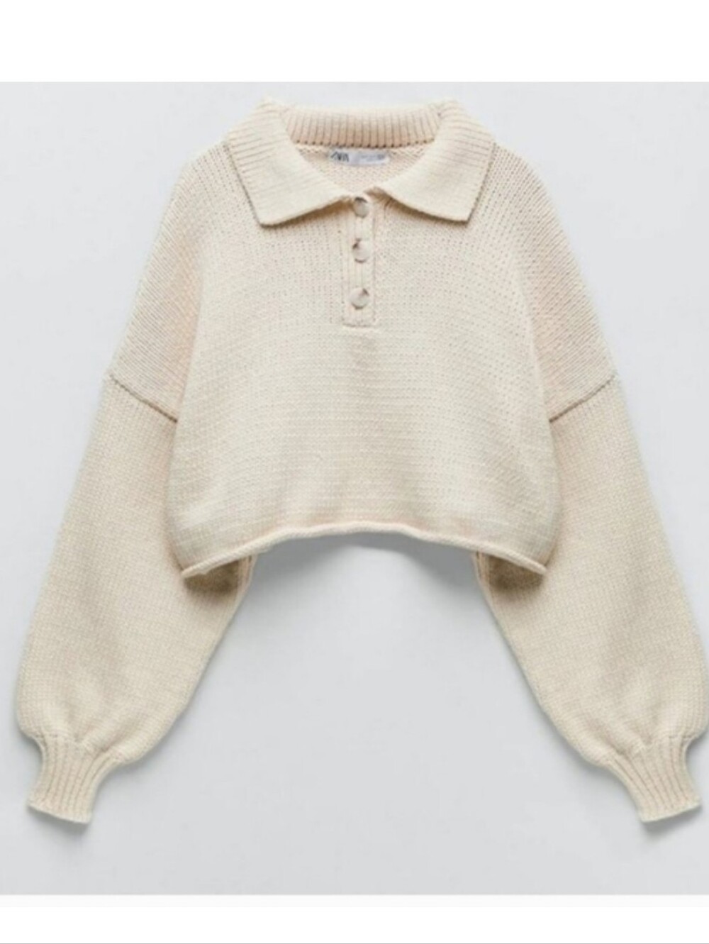 ZARA Cropped Cream Balloon Sleeved Polo Collar KnitSweater Sz Small - Picture 6 of 8
